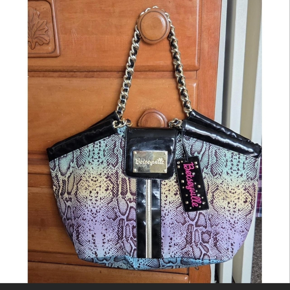 Betseyville Betsey Johnson Snake Print Tote Chain Strap Patent Trim Colorful Bag